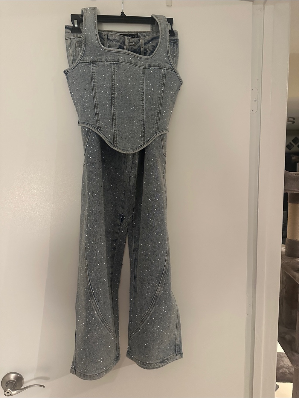 Embellished Light Blue Denim Corset Top & barrel leg Jeans Set